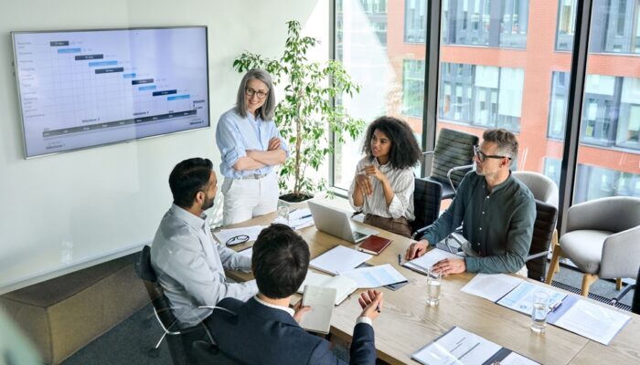 Senior,Female,Ceo,And,Multicultural,Business,People,Discussing,Company,Presentation